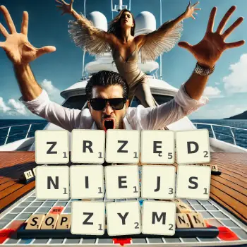 Kreatywna ilustracja do gry w Scrabble ze słowem ZRZĘDNIEJSZYM ułożonym z płytek na planszy.