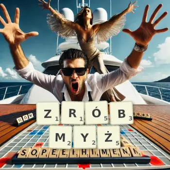 Kreatywna ilustracja do gry w Scrabble ze słowem ZRÓBMYŻ ułożonym z płytek na planszy.