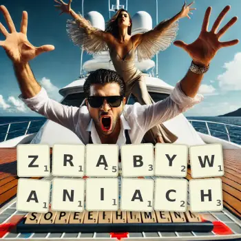 Kreatywna ilustracja do gry w Scrabble ze słowem ZRĄBYWANIACH ułożonym z płytek na planszy.