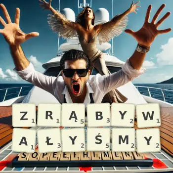Kreatywna ilustracja do gry w Scrabble ze słowem ZRĄBYWAŁYŚMY ułożonym z płytek na planszy.