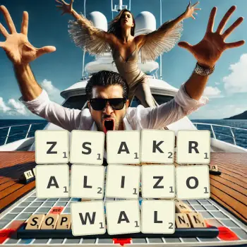 Kreatywna ilustracja do gry w Scrabble ze słowem ZSAKRALIZOWAL ułożonym z płytek na planszy.