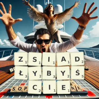 Kreatywna ilustracja do gry w Scrabble ze słowem ZSIADŁYBYŚCIE ułożonym z płytek na planszy.