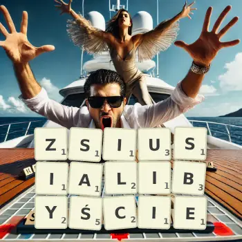 Kreatywna ilustracja do gry w Scrabble ze słowem ZSIUSIALIBYŚCIE ułożonym z płytek na planszy.