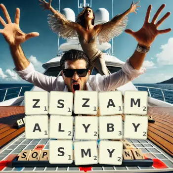 Kreatywna ilustracja do gry w Scrabble ze słowem ZSZAMALYBYSMY ułożonym z płytek na planszy.