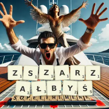 Kreatywna ilustracja do gry w Scrabble ze słowem ZSZARZAŁBYŚ ułożonym z płytek na planszy.