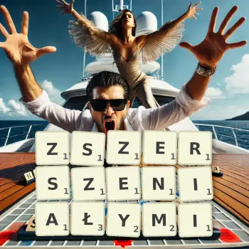 Kreatywna ilustracja do gry w Scrabble ze słowem ZSZERSZENIAŁYMI ułożonym z płytek na planszy.