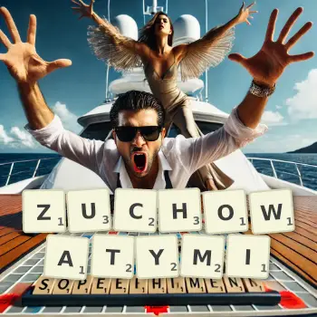 Kreatywna ilustracja do gry w Scrabble ze słowem ZUCHOWATYMI ułożonym z płytek na planszy.