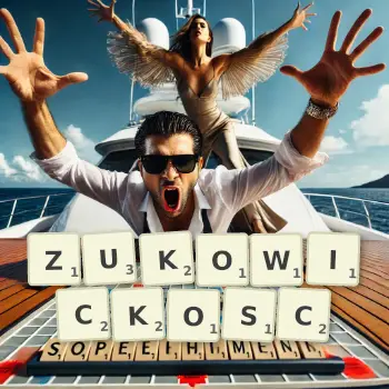 Kreatywna ilustracja do gry w Scrabble ze słowem ZUKOWICKOSC ułożonym z płytek na planszy.