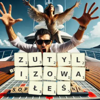 Kreatywna ilustracja do gry w Scrabble ze słowem ZUTYLIZOWAŁEŚ ułożonym z płytek na planszy.