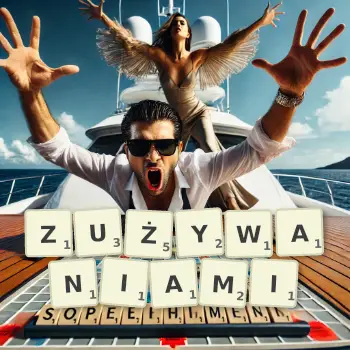 Kreatywna ilustracja do gry w Scrabble ze słowem ZUŻYWANIAMI ułożonym z płytek na planszy.