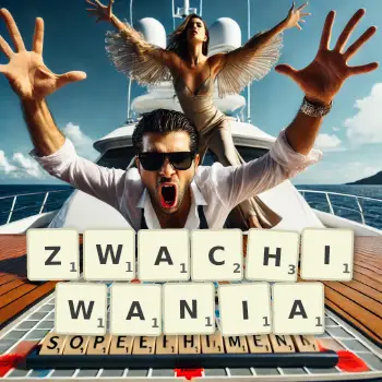 Kreatywna ilustracja do gry w Scrabble ze słowem ZWACHIWANIA ułożonym z płytek na planszy.