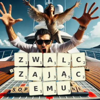 Kreatywna ilustracja do gry w Scrabble ze słowem ZWALCZAJĄCEMU ułożonym z płytek na planszy.