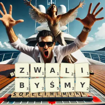 Kreatywna ilustracja do gry w Scrabble ze słowem ZWALIBYŚMY ułożonym z płytek na planszy.
