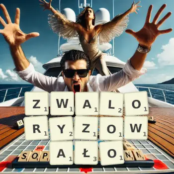 Kreatywna ilustracja do gry w Scrabble ze słowem ZWALORYZOWAŁO ułożonym z płytek na planszy.