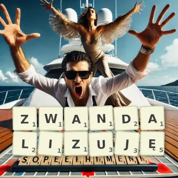 Kreatywna ilustracja do gry w Scrabble ze słowem ZWANDALIZUJĘ ułożonym z płytek na planszy.
