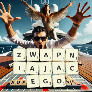 Kreatywna ilustracja do gry w Scrabble ze słowem ZWAPNIAJĄCEGO ułożonym z płytek na planszy.