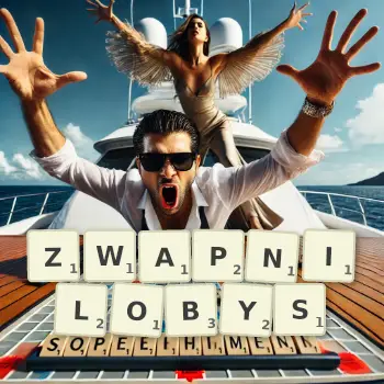 Kreatywna ilustracja do gry w Scrabble ze słowem ZWAPNILOBYS ułożonym z płytek na planszy.