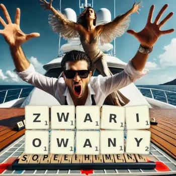 Kreatywna ilustracja do gry w Scrabble ze słowem ZWARIOWANY ułożonym z płytek na planszy.