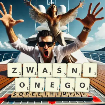 Kreatywna ilustracja do gry w Scrabble ze słowem ZWAŚNIONEGO ułożonym z płytek na planszy.