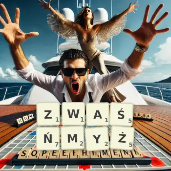 Kreatywna ilustracja do gry w Scrabble ze słowem ZWAŚŃMYŻ ułożonym z płytek na planszy.