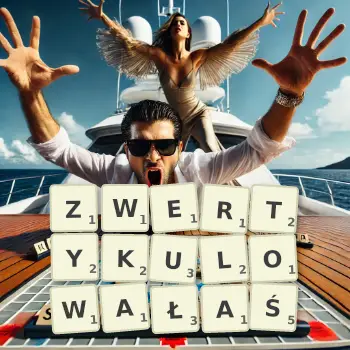 Kreatywna ilustracja do gry w Scrabble ze słowem ZWERTYKULOWAŁAŚ ułożonym z płytek na planszy.