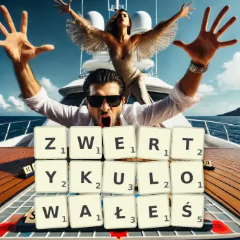 Kreatywna ilustracja do gry w Scrabble ze słowem ZWERTYKULOWAŁEŚ ułożonym z płytek na planszy.