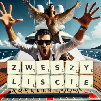 Kreatywna ilustracja do gry w Scrabble ze słowem ZWESZYLISCIE ułożonym z płytek na planszy.