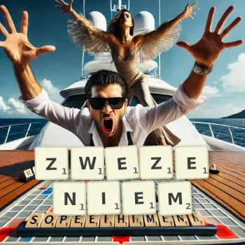 Kreatywna ilustracja do gry w Scrabble ze słowem ZWEZENIEM ułożonym z płytek na planszy.