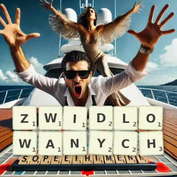 Kreatywna ilustracja do gry w Scrabble ze słowem ZWIDLOWANYCH ułożonym z płytek na planszy.