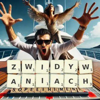 Kreatywna ilustracja do gry w Scrabble ze słowem ZWIDYWANIACH ułożonym z płytek na planszy.