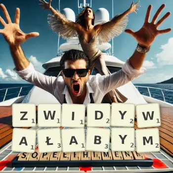 Kreatywna ilustracja do gry w Scrabble ze słowem ZWIDYWAŁABYM ułożonym z płytek na planszy.