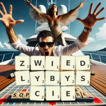 Kreatywna ilustracja do gry w Scrabble ze słowem ZWIEDLYBYSCIE ułożonym z płytek na planszy.