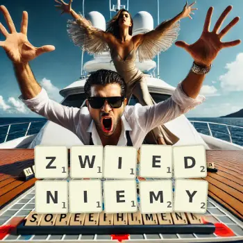 Kreatywna ilustracja do gry w Scrabble ze słowem ZWIEDNIEMY ułożonym z płytek na planszy.