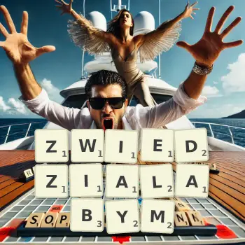 Kreatywna ilustracja do gry w Scrabble ze słowem ZWIEDZIALABYM ułożonym z płytek na planszy.