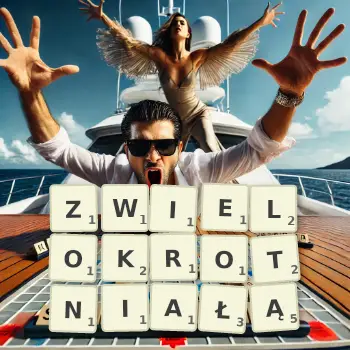 Kreatywna ilustracja do gry w Scrabble ze słowem ZWIELOKROTNIAŁĄ ułożonym z płytek na planszy.