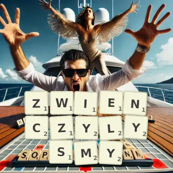 Kreatywna ilustracja do gry w Scrabble ze słowem ZWIENCZYLYSMY ułożonym z płytek na planszy.