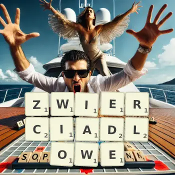 Kreatywna ilustracja do gry w Scrabble ze słowem ZWIERCIADLOWE ułożonym z płytek na planszy.