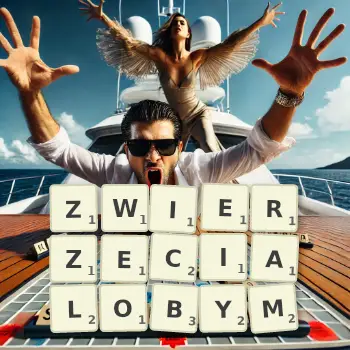 Kreatywna ilustracja do gry w Scrabble ze słowem ZWIERZECIALOBYM ułożonym z płytek na planszy.