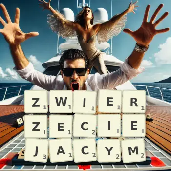 Kreatywna ilustracja do gry w Scrabble ze słowem ZWIERZECIEJACYM ułożonym z płytek na planszy.