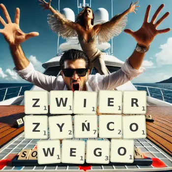 Kreatywna ilustracja do gry w Scrabble ze słowem ZWIERZYŃCOWEGO ułożonym z płytek na planszy.