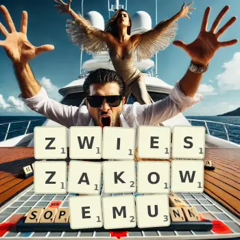 Kreatywna ilustracja do gry w Scrabble ze słowem ZWIESZAKOWEMU ułożonym z płytek na planszy.