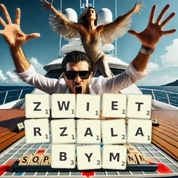 Kreatywna ilustracja do gry w Scrabble ze słowem ZWIETRZALABYM ułożonym z płytek na planszy.
