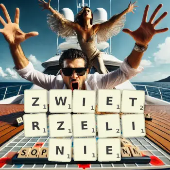 Kreatywna ilustracja do gry w Scrabble ze słowem ZWIETRZELINIE ułożonym z płytek na planszy.