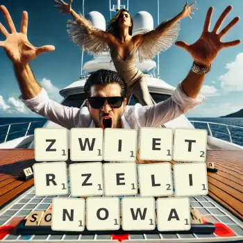 Kreatywna ilustracja do gry w Scrabble ze słowem ZWIETRZELINOWA ułożonym z płytek na planszy.