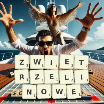 Kreatywna ilustracja do gry w Scrabble ze słowem ZWIETRZELINOWE ułożonym z płytek na planszy.