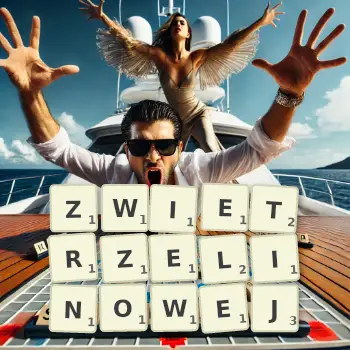 Kreatywna ilustracja do gry w Scrabble ze słowem ZWIETRZELINOWEJ ułożonym z płytek na planszy.