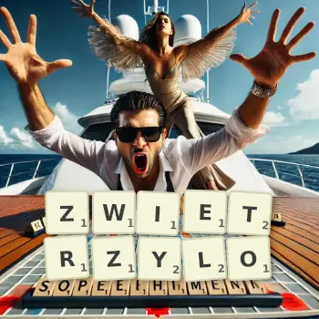 Kreatywna ilustracja do gry w Scrabble ze słowem ZWIETRZYLO ułożonym z płytek na planszy.