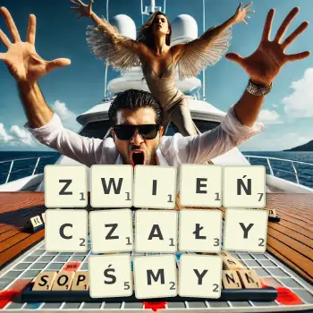 Kreatywna ilustracja do gry w Scrabble ze słowem ZWIEŃCZAŁYŚMY ułożonym z płytek na planszy.