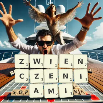 Kreatywna ilustracja do gry w Scrabble ze słowem ZWIEŃCZENIAMI ułożonym z płytek na planszy.