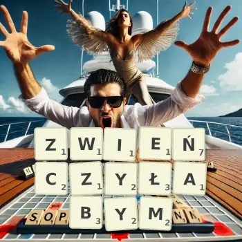 Kreatywna ilustracja do gry w Scrabble ze słowem ZWIEŃCZYŁABYM ułożonym z płytek na planszy.
